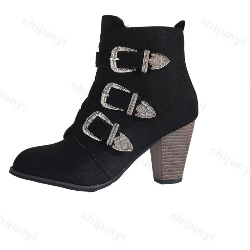 Fashion Fashion Retro Buckle Designed Women's Casual Short Boots 2025 Autumn New Pointed Head Comfortable Elegant High Heel Ankle Boots