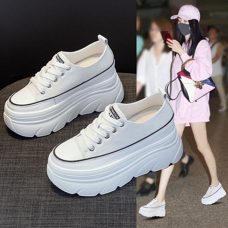 Casual Little White Shoes Women's 2025 Spring and Autumn New Thick Soles Increase by 9 Cm Canvas Lace-up Muffin Shoes Women's Board Shoes Tide