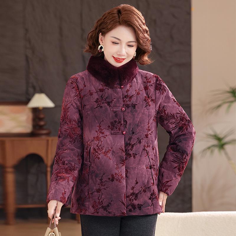 2025 Chinese Style Winter Down Jacket for Middle-aged & Elderly Women with Fur Collar - Thick 90% White Duck Down