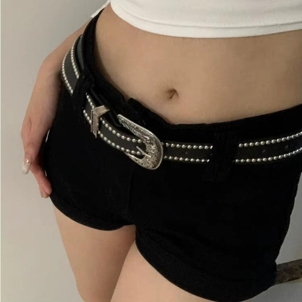 Fashion Y2K Waist Belts Rivet PU Leather Women Gothic Belts Carved Needle Buckle Punk Hip Hop Belt