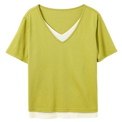 SanCai Plus Size Faux Two-Piece V-Neck T-Shirt