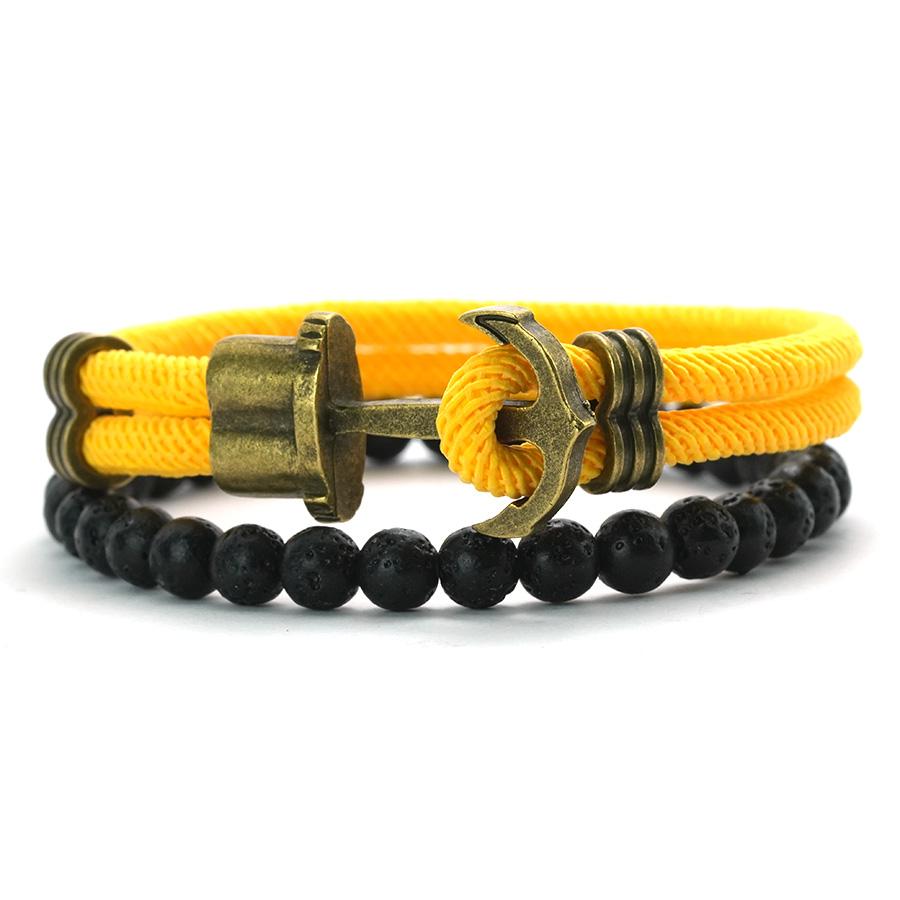 Retro 2Pcs/Set Men Anchor Bracelet 6mm Natural Lava Stone Beaded Braslet 6 Colors Grade A 4mm Ethnic Fabric Braclet Pulseria