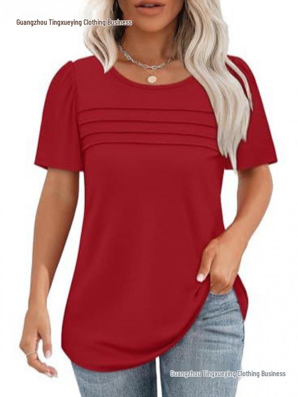 Women's Casual Pleated Loose T-shirt, Round Neck, Short Sleeve, Summer 2026 Collection