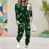 Women Plus Size Two Piece Set Round Neck Long Sleeve Printed Navy Blue Cuffed Top And Pants With Pockets