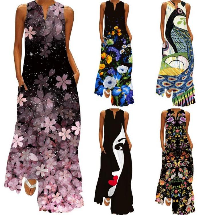 Women's Printed Sleeveless V Neck Summer Maxi Dress