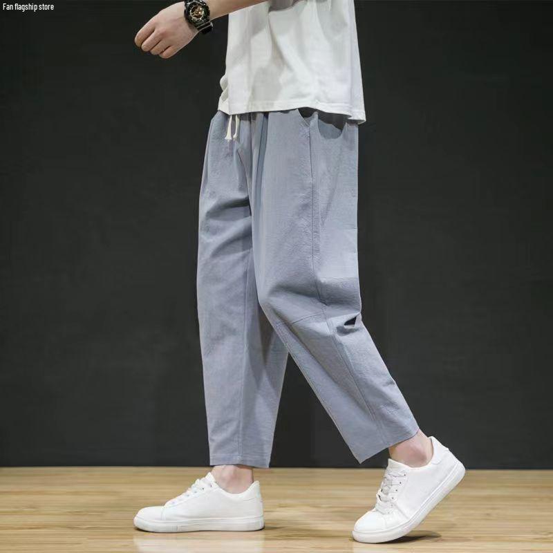 Men's Trendy Loose-Fit Cotton Linen Summer Pants - Lightweight, Casual, All-Match, Plus Size, Nine-Point Length.