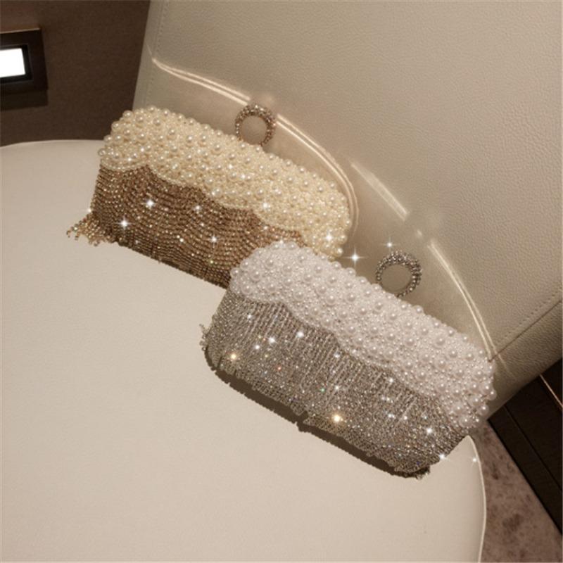 Retro pearl fringed small bag, one shoulder oblique span bag, diamond-encrusted banquet bag, dress cheongsam bag, celebrity dinner clutch bag