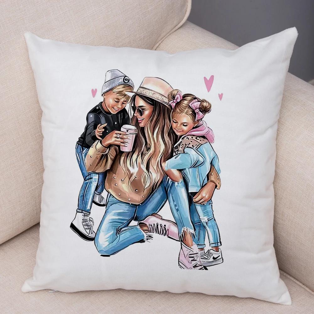Beautiful Super Mother and Baby Pillow Case  Decor Cartoon Women Cushion Cover for Sofa Home Short Plush Pillowcase 45x45cm