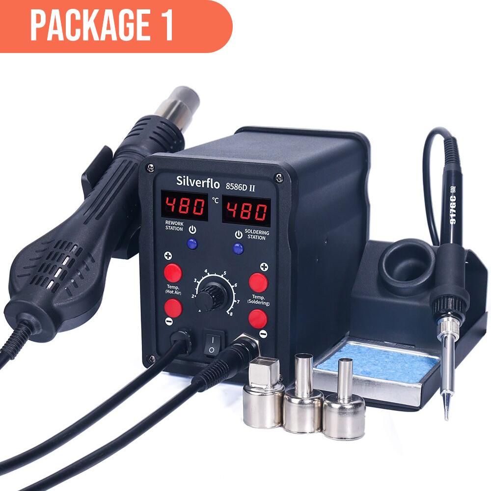 Silverflo 8586D Soldering Station 2 IN 1 Hot Air Gun Solder Station with 2 Digital display,10-Minute Sleep Mode for SMD Rework
