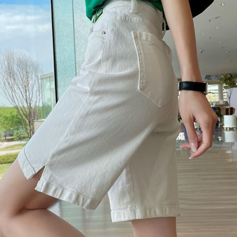 Kadınlar İçin Yazlık Beyaz Denim Şort İnce Kesim Yüksek Bel Zayıflatıcı Bol Düz Paça Geniş Paça 5/5 Pantolon Trend