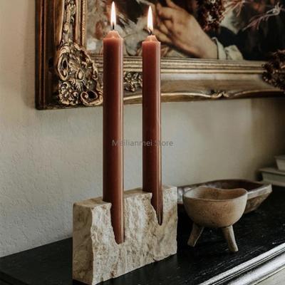 2 Löcher Marmor Kerzenständer für Hochzeit, Dinnerparty, Vintage Travertin Stein Kerzenhalter für Tischdekoration