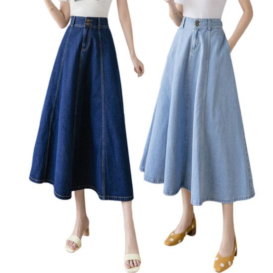 Denim Midi Skirt High Waist Button Zipper Fly A-Line Hem Skirt Solid Color Blue Skirt Office Lady Denim Skirt Daily Wear