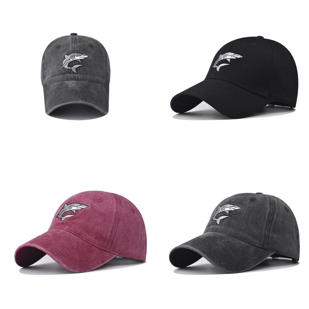 Cotton Wash Distressed Shark Embroidered Baseball Hat With Curved Brim For Outdoor Wear