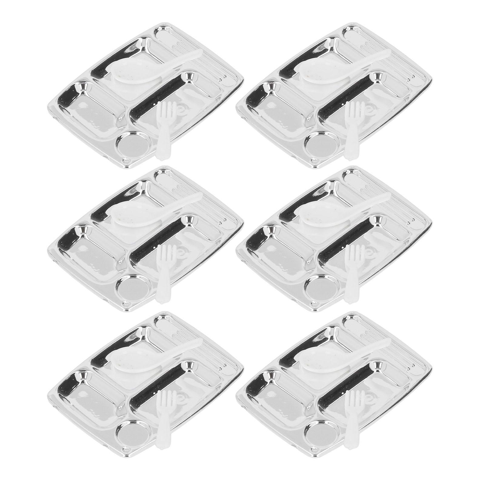 

20 Sets Divided Dinner Tray Model Mini Size Resin Silver Plate with Spoon Fork Model for 1 12 1 6 Dollhouse