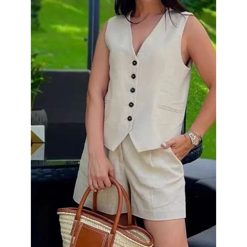 Sleeveless Vest and Hot Pants Set Solid Sleeveless Vest Vest Hot Pants Set