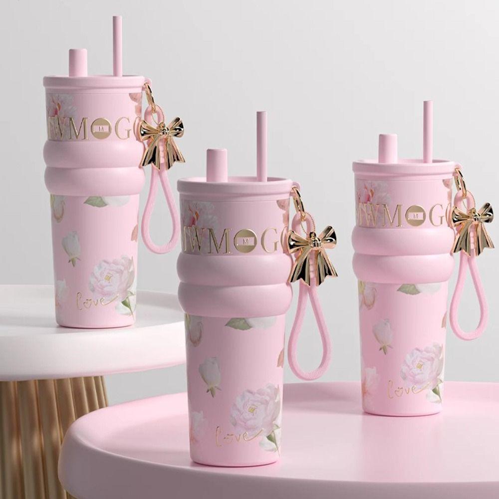 710ml Insulated Cup Ceramic Inner Liner Dustproof Straw Water Cup Large Capacity with Flower Pendant Vacuum Coffee Cup Travel