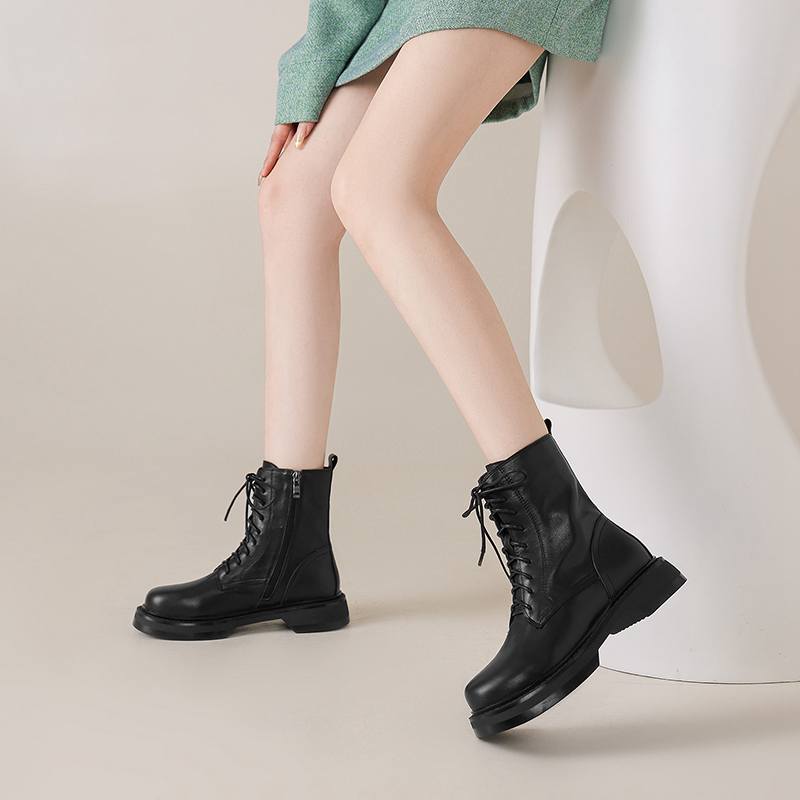 Krazing Pot Cow Skin Natural Fur Autumn Winter Shoes Thick Heels Western Boots Round Toe Keep Warm Lace Up Ankle Boots