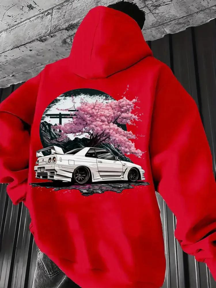 Men Hoodie Mountain Cherry Blossom Race Car Art Back Print, Sport, Punk, Aesthetic, Viral, Urban Style, Trendsetting Hooded Pullover Sweatshirt