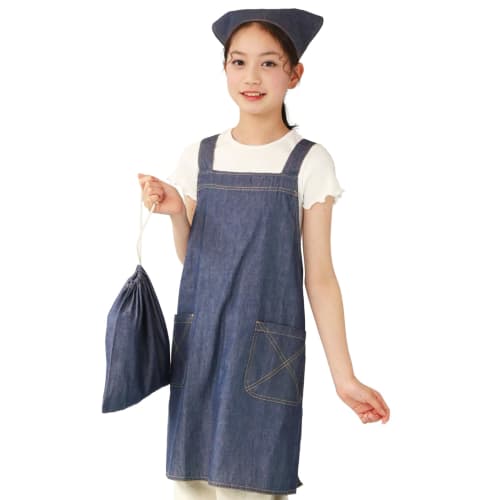 ON NISHIKI Kids' Denim Apron Set (3-Piece Set: Apron, Triangle Scarf, and Drawstring Bag) - 100% Cotton, Lightweight, Easy to Put On and Take Off, Cro