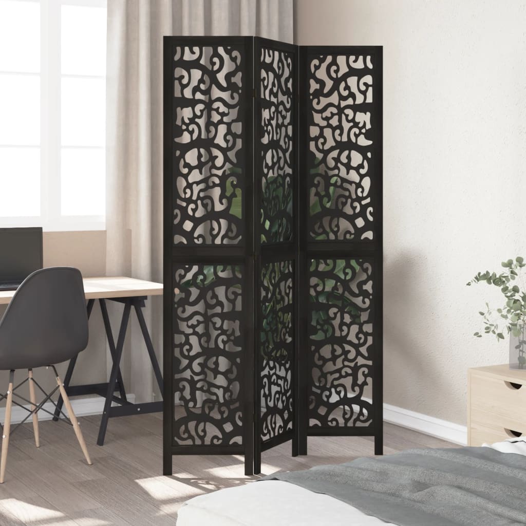 3 Panel Room Divider Black Solid Wood Paulownia