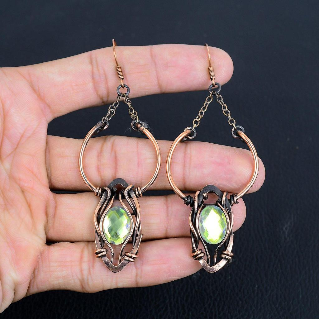 Mystic Topaz 999 Copper Wire Wrapped Earrings, Handmade Gemstone Jewelry Earrings, For Memorial Day