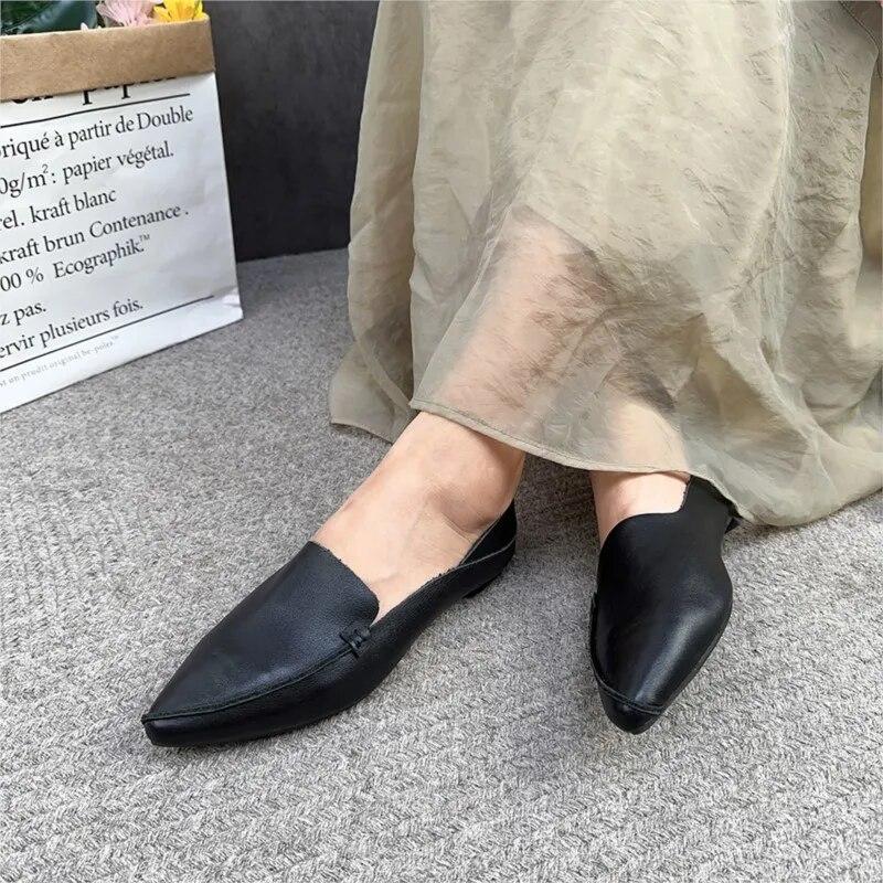 Johnature Retro Women Genuine Leather Pointed Toe Flats Shoes Handmade Shallow Soft Sole Solid Color Slip-on Shoes