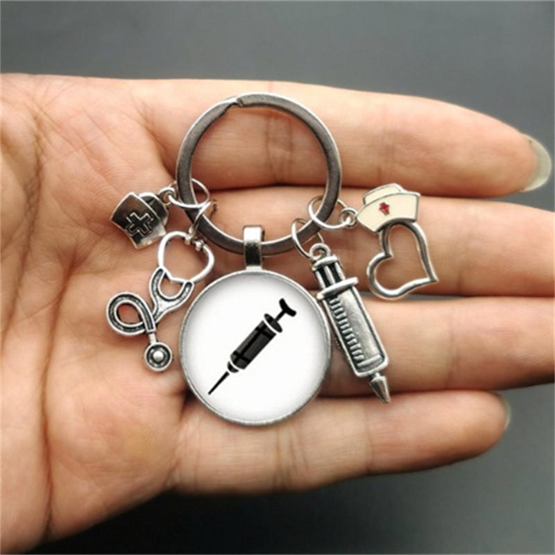 1Pc Nurse Medical Syringe Keychain Glass Key Ring Pendant Stethoscope Pattern Keychain Gift