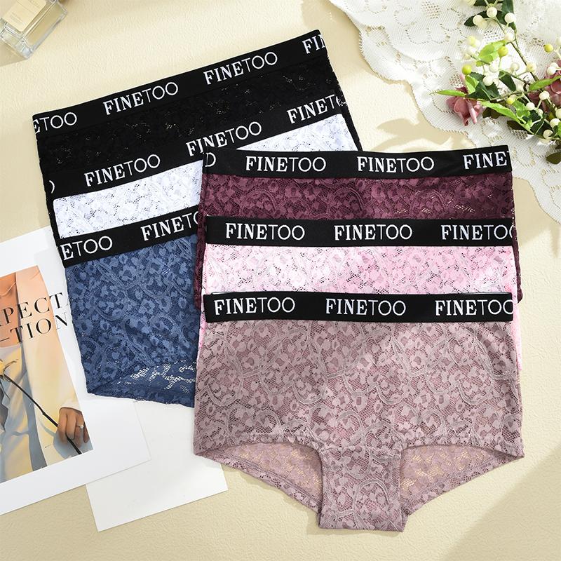 FINETOO 3Pcs/Set Mid-Waist Underpants Lace Boxer Briefs For Women Sexy Transparent Underwears Comfortable Soft Panties S-XL Size