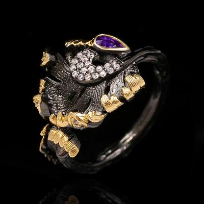 Retro Ethnic Leaves Winding Irregular Black Translucent Crystal Ring Luxury Exaggerated  Jewelry Wedding Ring