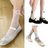Women's Japanese Sweet Bowknot Accent Crew Socks Elegant Students Hollowout Heart Pattern Ruffle Top Middle Calf Socks