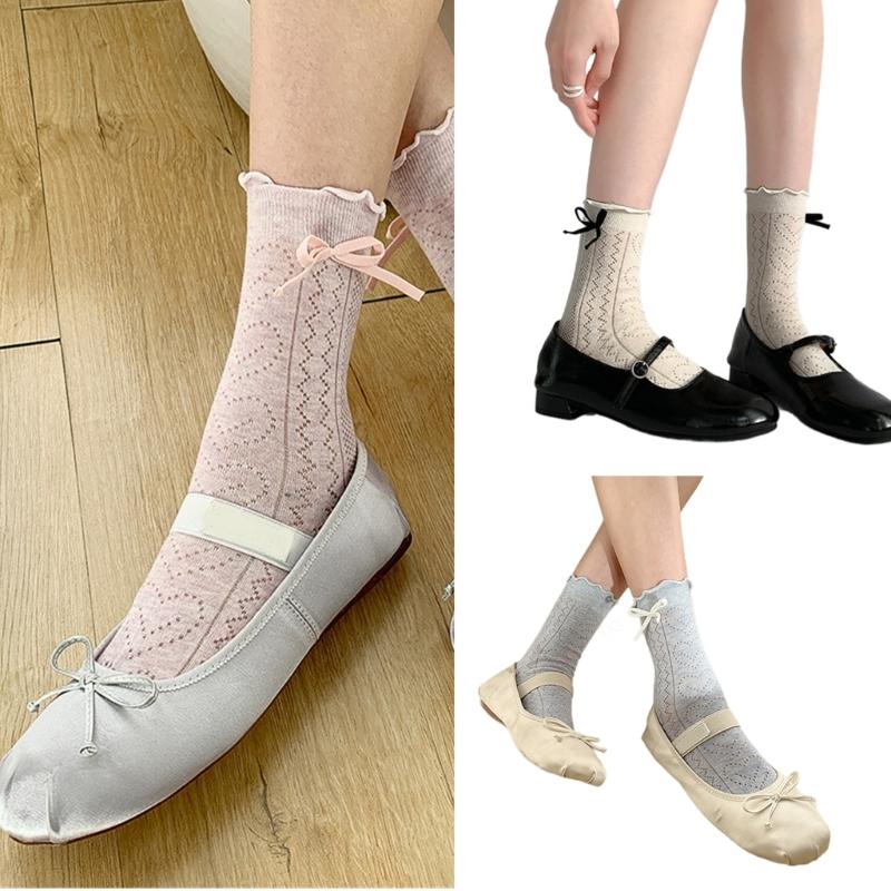 Women's Japanese Sweet Bowknot Accent Crew Socks Elegant Students Hollowout Heart Pattern Ruffle Top Middle Calf Socks