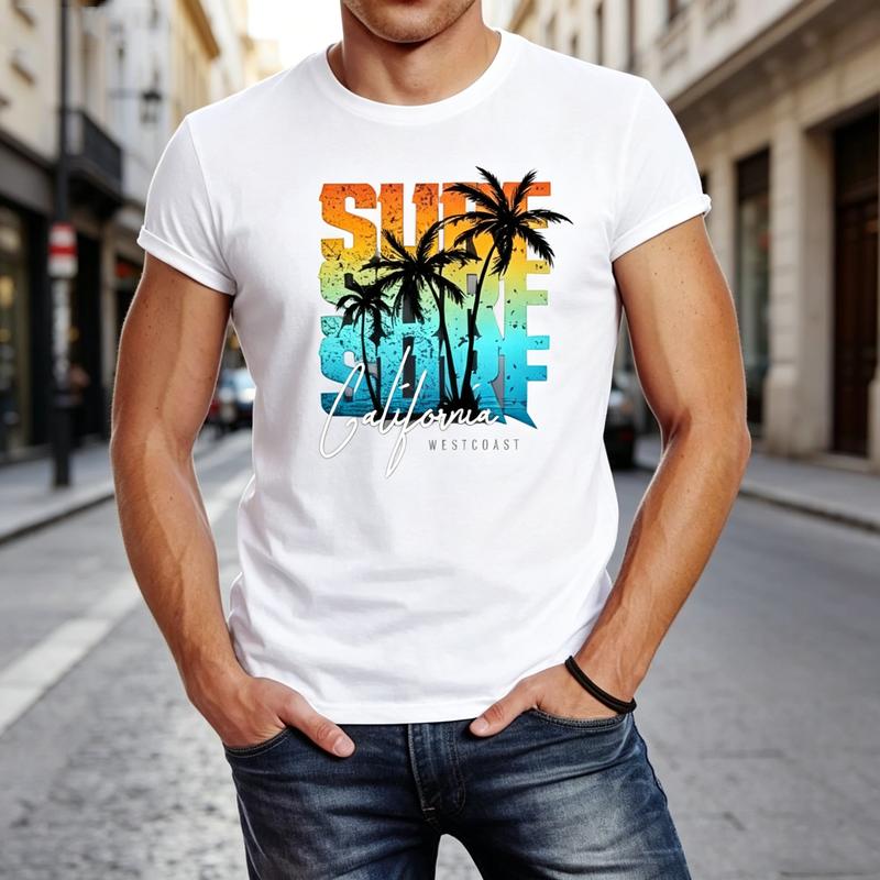 Retro Gradient Surf California West Coast Graphic Tee For Adult Unisex Unisex Trendy Tropical Palm Print Casual Daily Summer