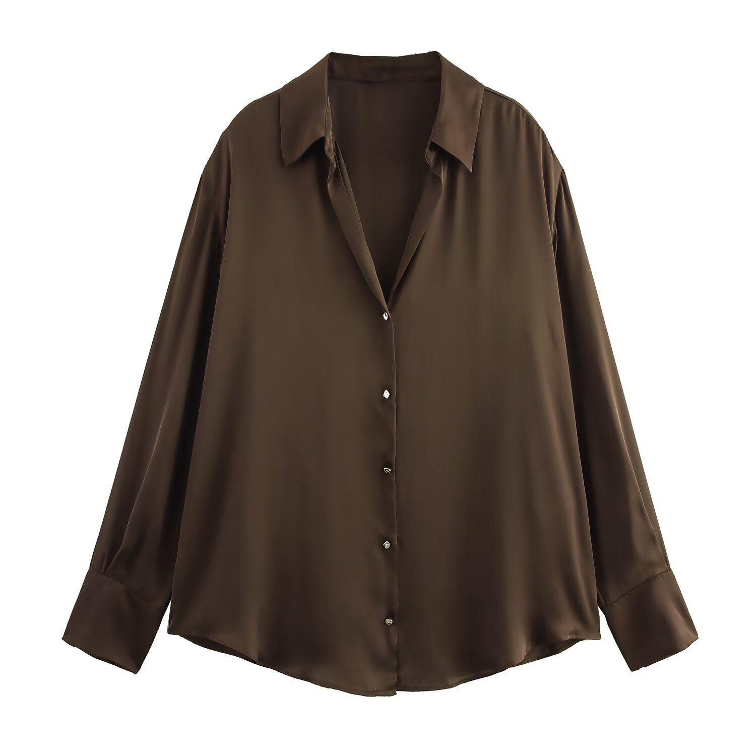 

2025 Spring/Summer Women s Silk Satin Lapel Shirt - Elegant, Versatile, and Simple Fashion Top XS кавовий