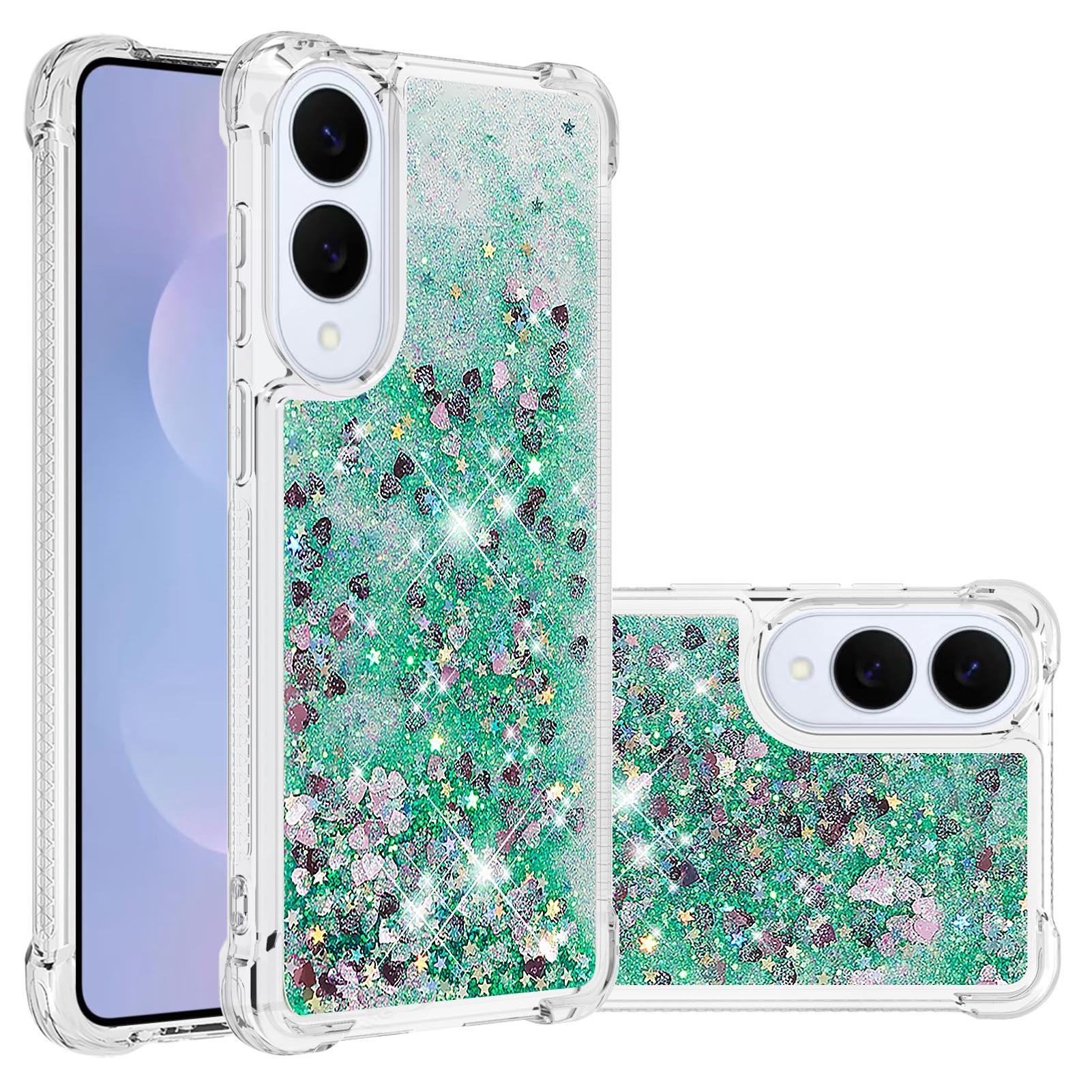 

For Samsung Galaxy S25 Edge TPU Case Glitter Quicksand Shockproof Phone Back Cover Green/Hearts