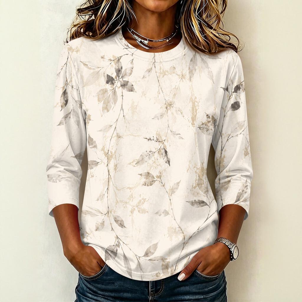 Camiseta Informal para Mujer con Cuello Redondo, Manga Tres Cuartos, Estampado Floral, para Uso Diario, Tejido Ligero y Suave, Diseño de Corte Holgado