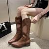 Fashion Women Boots Middle Heel Cowboy Chelsea Western Botas Pu Leather Retro Rivet Gothic Ladies Shoes Vintage Brown Knee High Boot