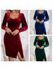 2024 Elegant Velvet Square Neck Slim Fit Dress with Mutton Sleeves for Autumn/Winter