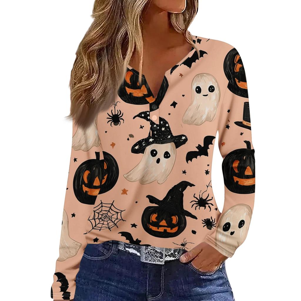 Women's Halloween Print V-Neck Long Sleeve T-Shirt with Button for Casual Holiday Wear