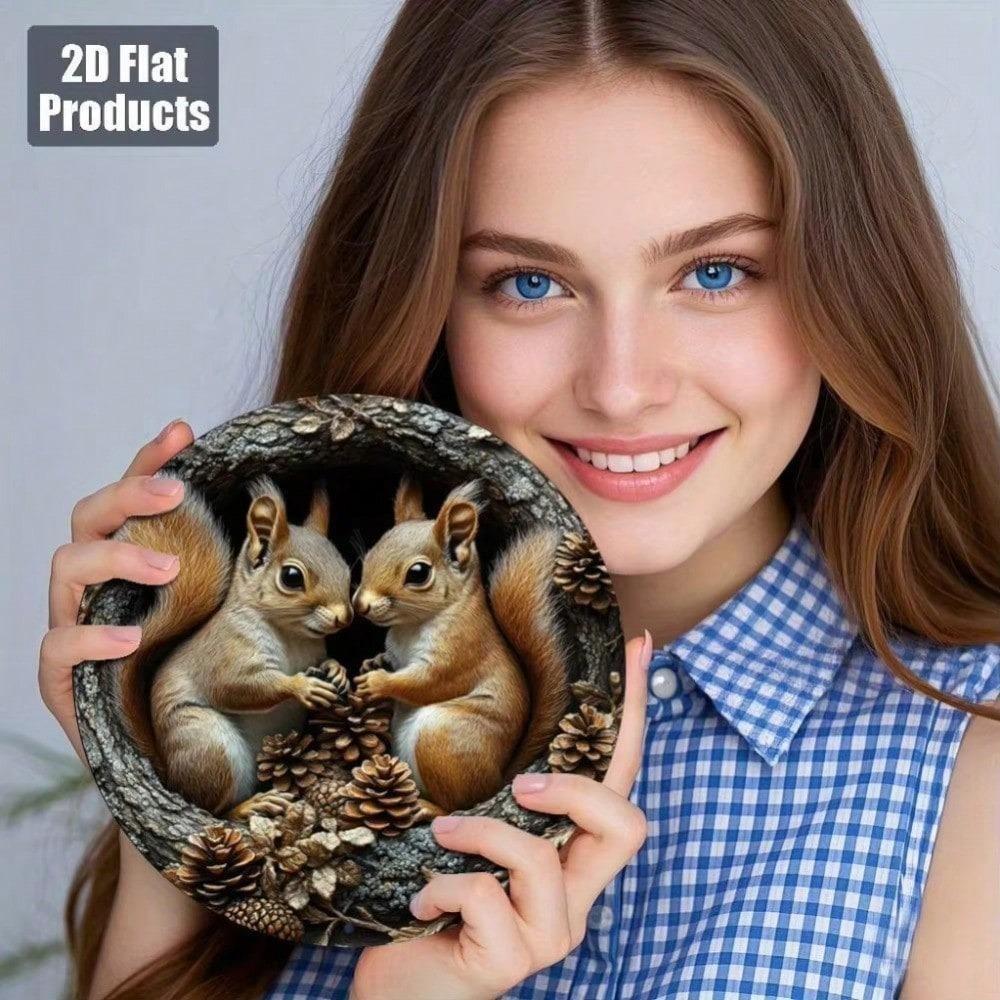 2D Flat Squirrel Aluminum Wall Art Sign, 8x8 Inch Round Rustic Autumn Decor with Pine Cones and Leaves