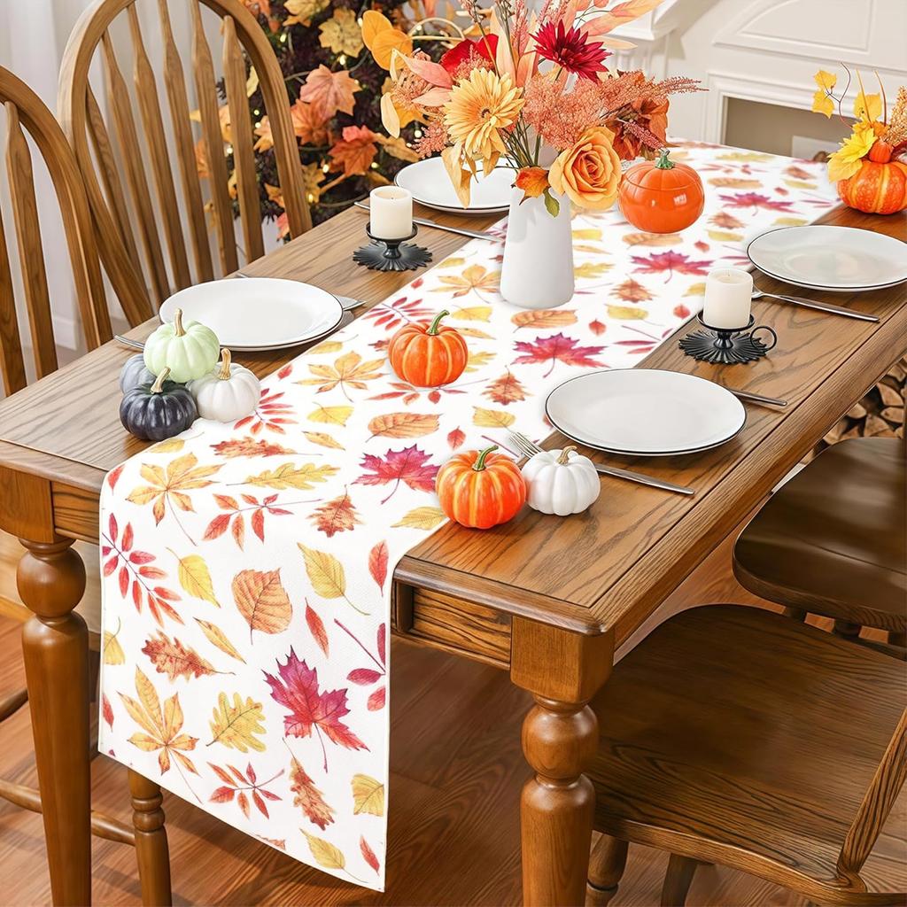 OWENIE Fall Table Runner for Kitchen Dining Table, Thanksgiving Autumn Printed Harvest Pumpk Maple Leaves Textured Fabric Halloween Holiday Home