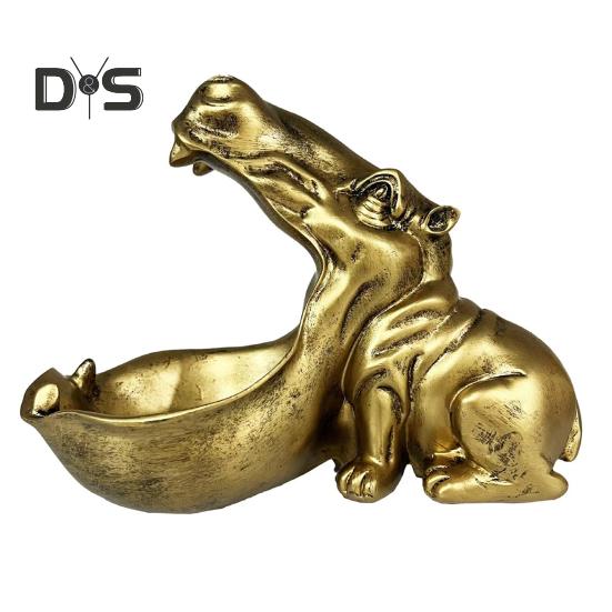 

Статуэтка бегемота из смолы, фигурка бегемота с большим ртом, конфетница, ключница, скульптура для домашнего офиса, декор стола золотистый