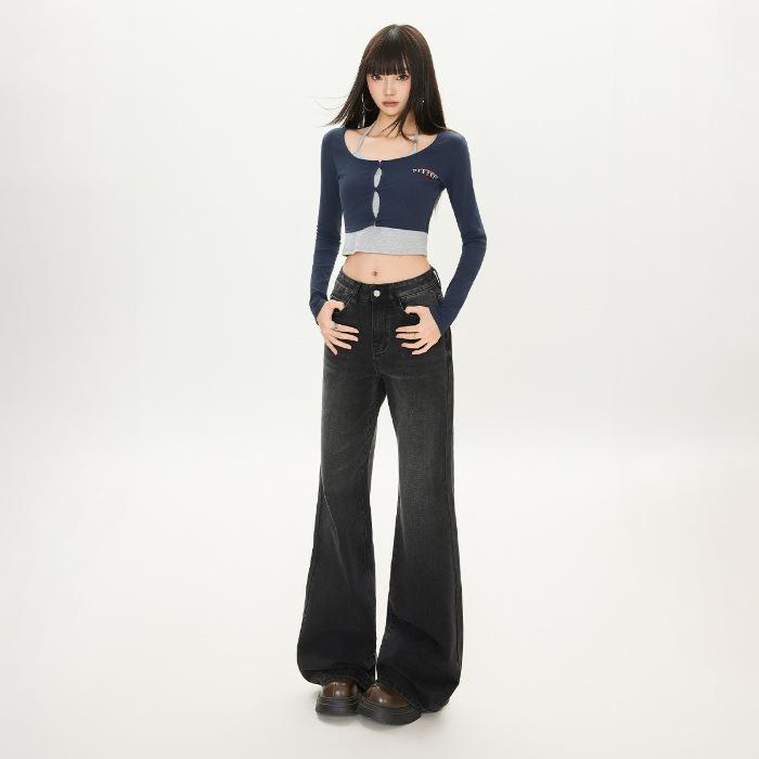 

2025 Black-Grey High-Waisted Wide-Leg Flared Velvet Jeans for Women Large