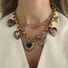 Strong Chain Necklace Floral Heart Charms Necklace, Double Layer Vintage Choker Oval Faux Old Metal Texture Pendant Diamond Ring, Enamel Pendants