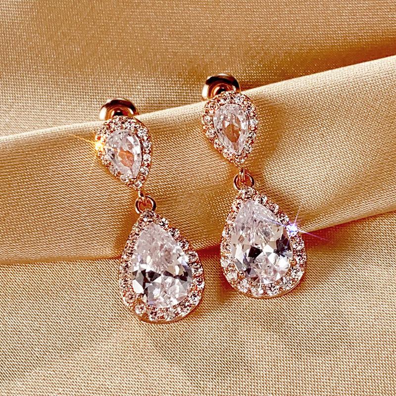 Two Tier Teardrop Halo Dangle Stud Earrings Multi Color Option Women Wedding Formal Drop Ear Jewelry