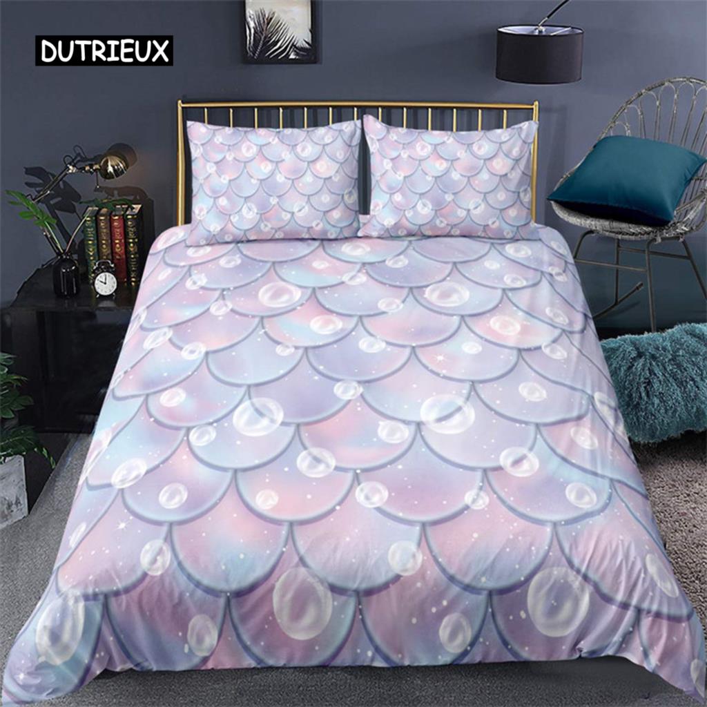 Färgglatt påslakan med sjöjungfruskal, tryck med fiskfjäll, sängklädesset King Full för barn pojkar flickor, havstema, täcköverdrag