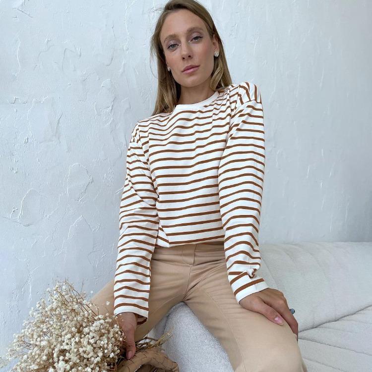 

Summer Women Casual Long Sleeve Stripe Tshirt O Neck Top S кавовий