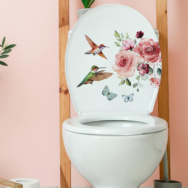 Hummingbird Flower Toilet Sticker Self-Adhesive Bathroom Waterproof Decoration Removable Wall Art