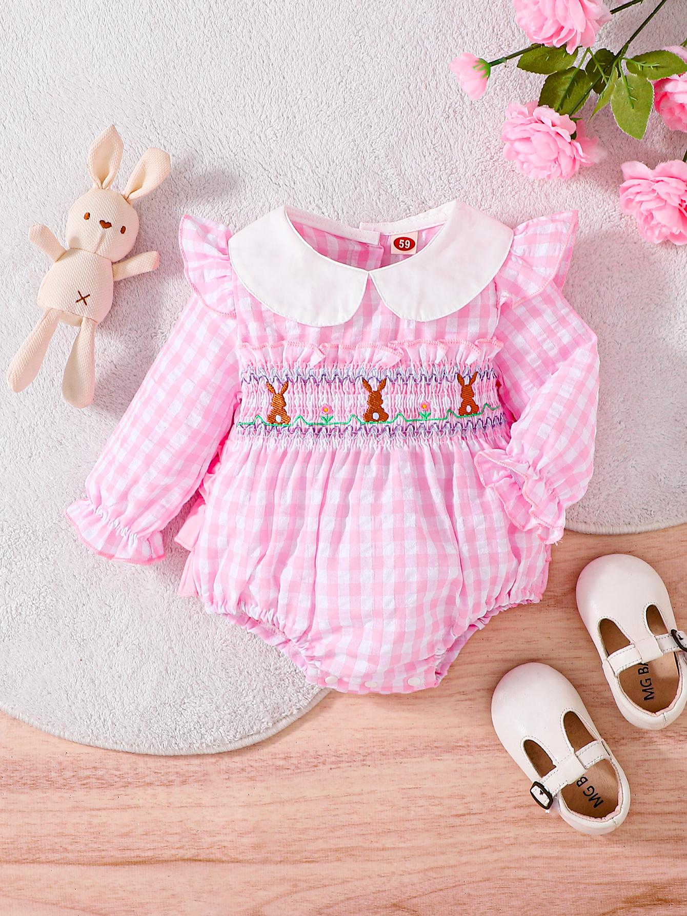Newborn Infant Girl Spring Cotton Onesie, Sweet Plaid Bunny Smocked Bubble Romper Outfit 59/66/73/80/90 классические розы
