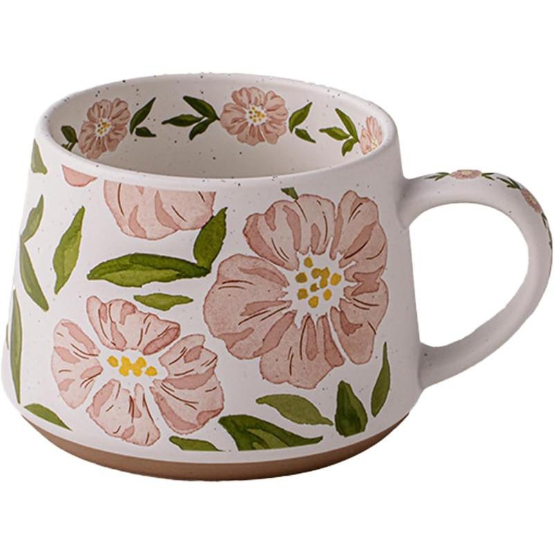 Stor keramisk kaffemugg 360ml, Söt kopp för kvinnor, Idealisk för te eller kaffe, Handmålad blommig design keramikmugg, 1 st