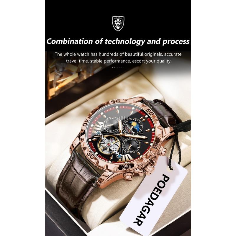 POEDAGAR Luxury Automatic Wristwatch Waterproof Luminous Date Week Leather Men Watch Tourbillon Mechanical Fashion Watches